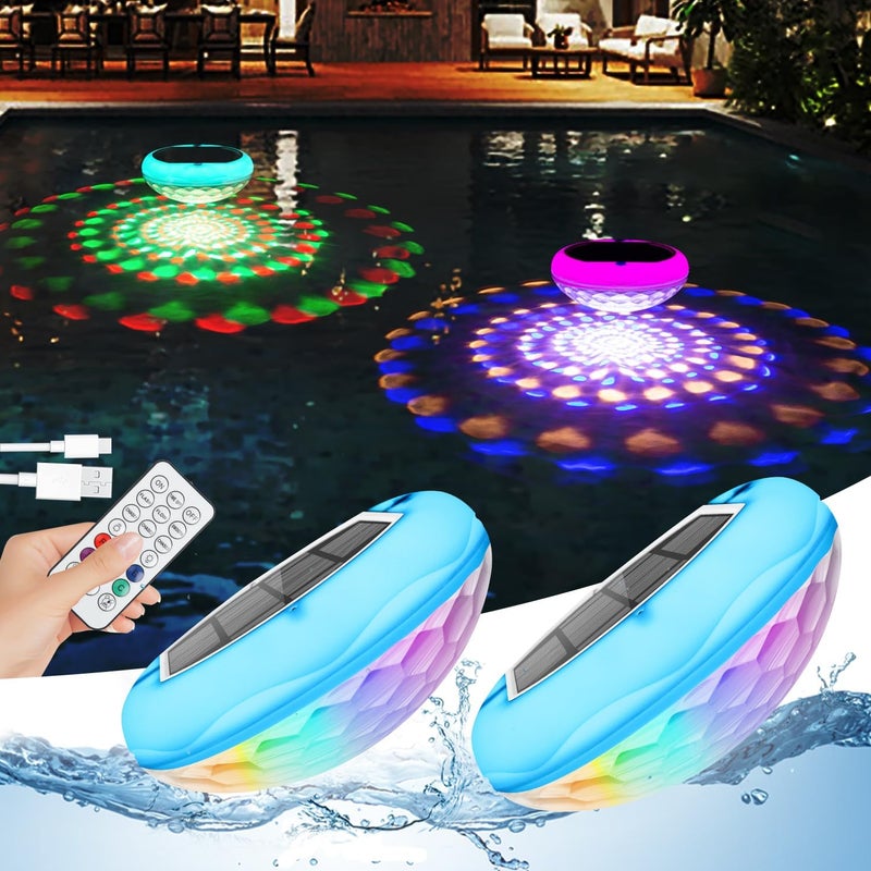 QOLNBY Solar Floating Pool Lights, USB Rechargeable 2600mAh Pool Lights with Remote, 6.69 Inch IP68 Waterproof RGB 6 Dynamic Modes Upper and Lower Glow Hangable Solar Floating Light for Garden 2 PCS - Image 1